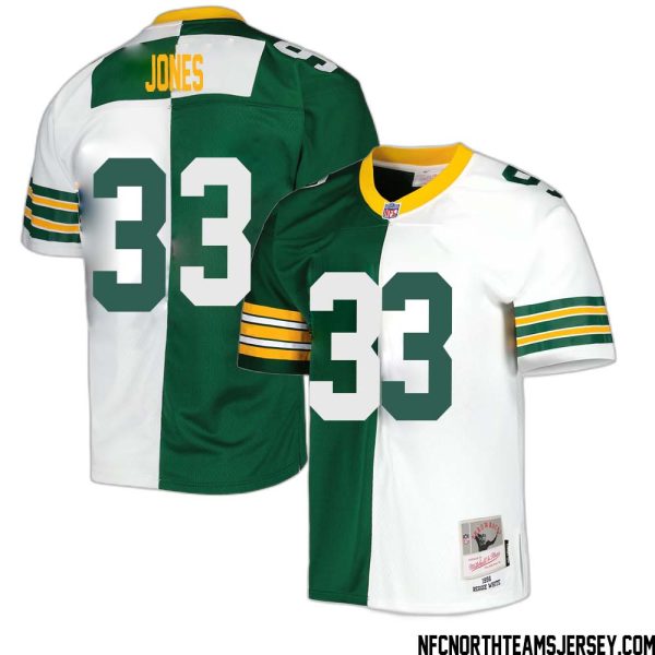 Aaron Jones No 33 Green Bay Packers Mitchell & Ness 1996 Split Legacy Replica Jersey Green White