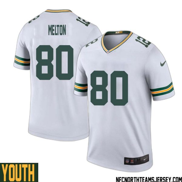 Bo Melton No 80 Green Bay Packers Color Rush Legend Jersey White Youth – Replica