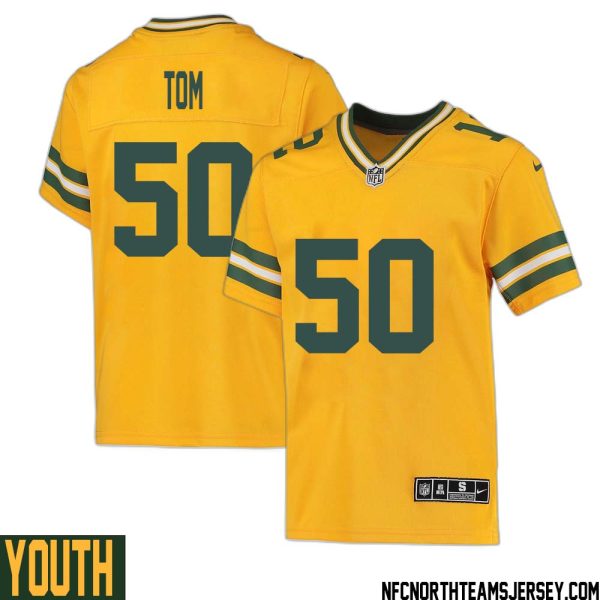 Zach Tom No 50 Davante Adams Green Bay Packers Inverted Legend Jersey Gold Youth – Replica