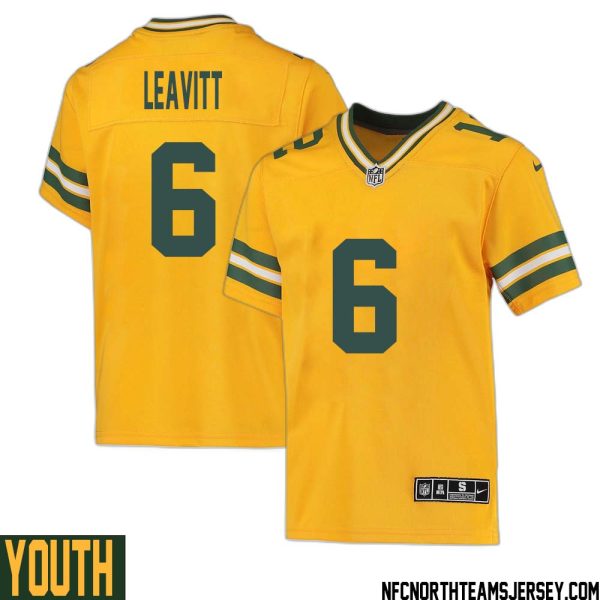 Dallin Leavitt No 6 Davante Adams Green Bay Packers Inverted Legend Jersey Gold Youth – Replica