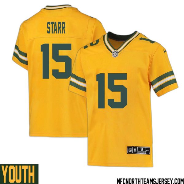 Bart Starr No 15 Davante Adams Green Bay Packers Inverted Legend Jersey Gold Youth – Replica