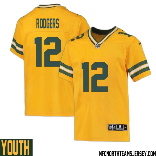 Aaron Rodgers No 12 Davante Adams Green Bay Packers Inverted Legend Jersey Gold Youth – Replica