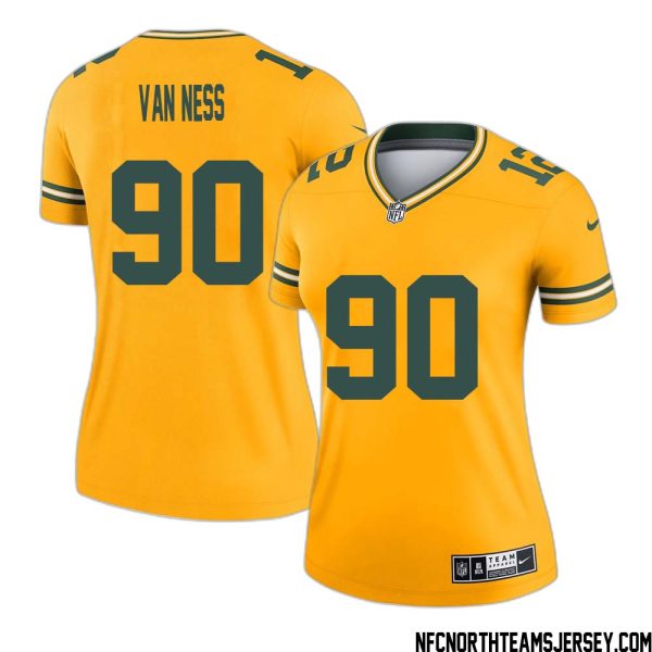 Lukas Van Ness No 90 Davante Adams Green Bay Packers Inverted Legend Jersey Gold Women – Replica