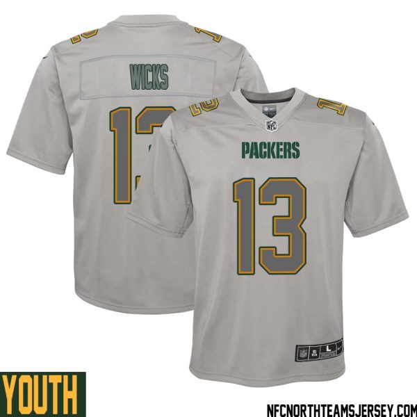 Dontayvion Wicks No 13 Green Bay Packers Atmosphere Jersey Grey Youth – Replica
