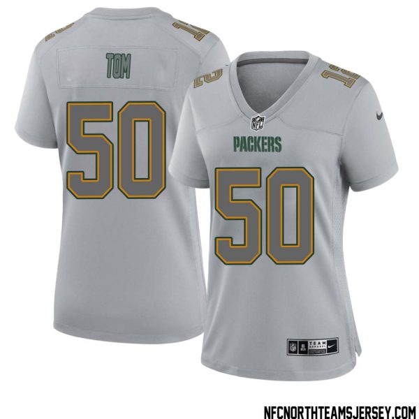 Zach Tom No 50 Green Bay Packers Atmosphere Jersey Grey Womens – Replica
