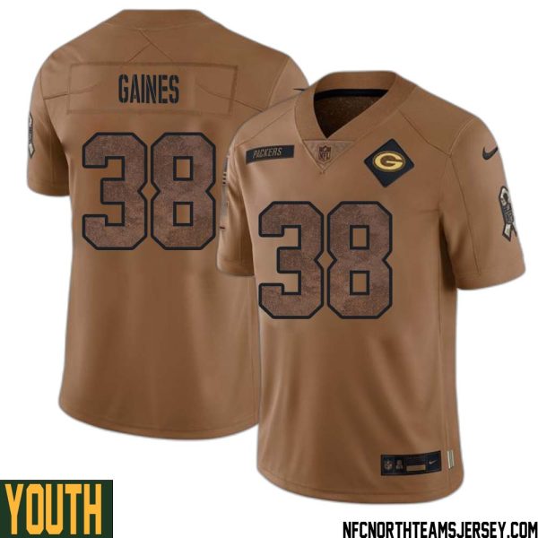 Innis Gaines No 38 Green Bay Packers 2023 Salute To Service Limited Player Jersey Youth Brown – Replica