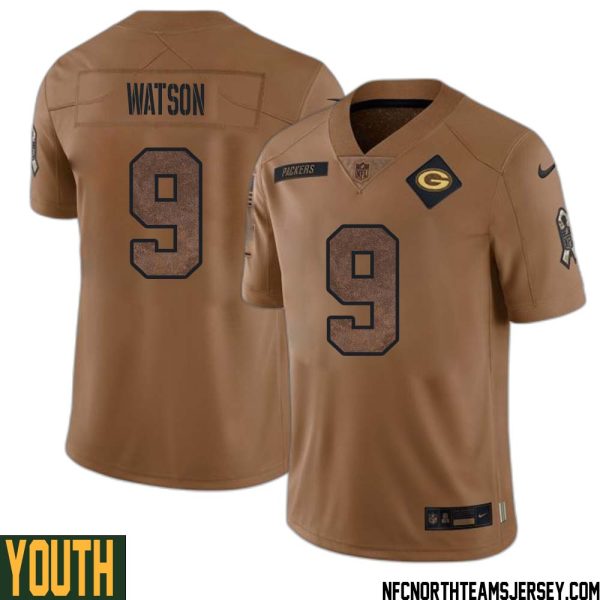 Christian Watson No 9 Green Bay Packers 2023 Salute To Service Limited Player Jersey Youth Brown – Replica
