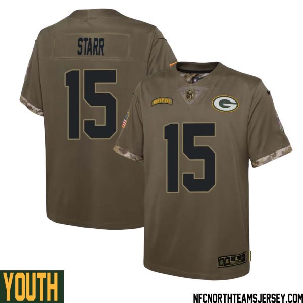 Bart Starr No 15 Green Bay Packers 2022 Salute To Service Limited Player Jersey Youth – Replica