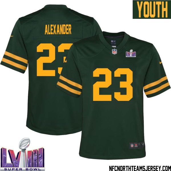 Jaire Alexander No 23 Green Bay Packers Super Bowl Lviii Alternate Green Jersey For Youth – Replica