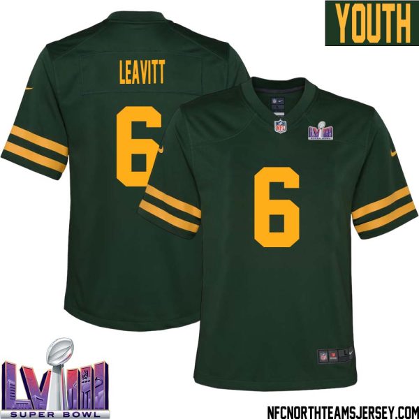 Dallin Leavitt No 6 Green Bay Packers Super Bowl Lviii Alternate Green Jersey For Youth – Replica