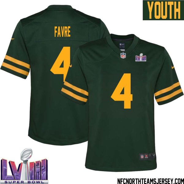 Brett Favre No 4 Green Bay Packers Super Bowl Lviii Alternate Green Jersey For Youth – Replica