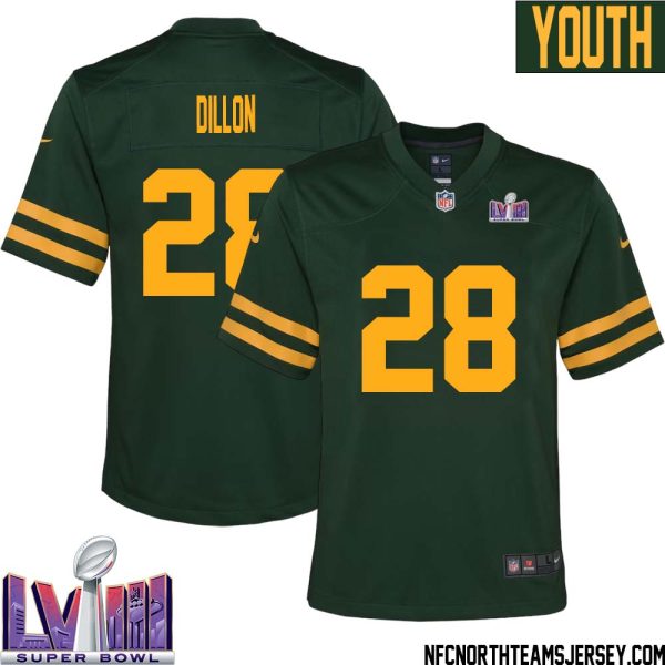 Aj Dillon No 28 Green Bay Packers Super Bowl Lviii Alternate Green Jersey For Youth – Replica