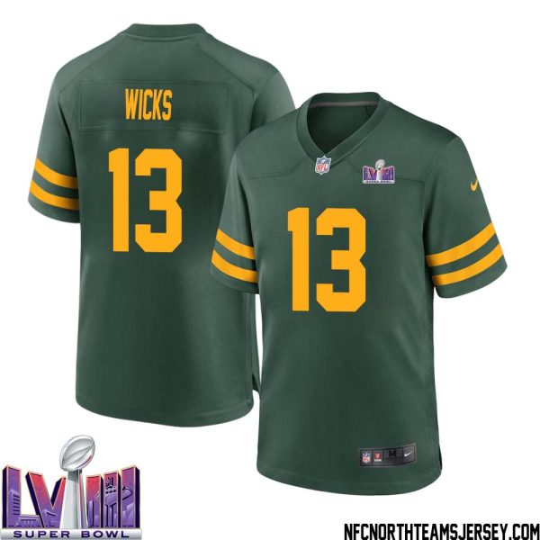 Dontayvion Wicks No 13 Green Bay Packers Super Bowl Lviii Alternate Green Jersey For Men – Replica