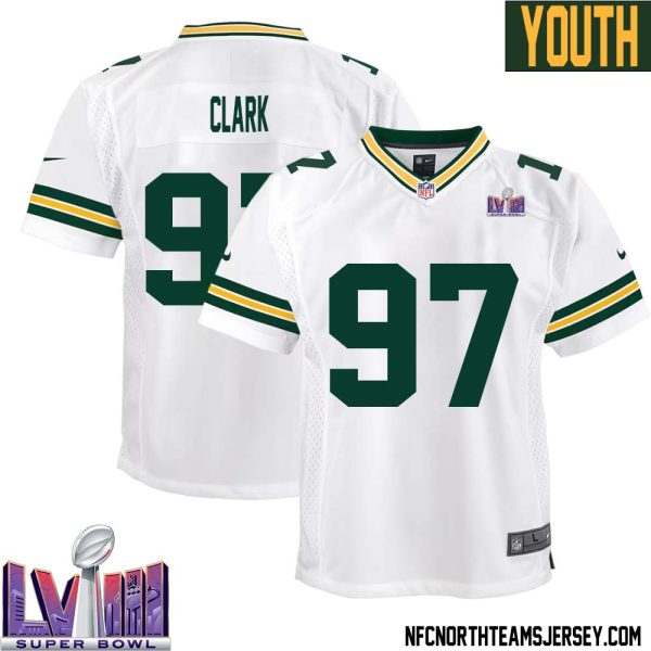 Kenny Clark No 97 Green Bay Packers Super Bowl Lviii Away Game Jersey Youth White – Replica