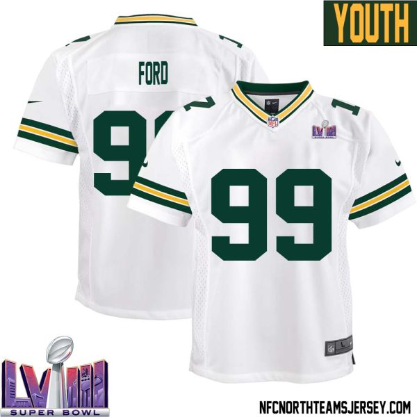 Jonathan Ford No 99 Green Bay Packers Super Bowl Lviii Away Game Jersey Youth White – Replica