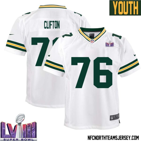Chad Clifton No 76 Green Bay Packers Super Bowl Lviii Away Game Jersey Youth White – Replica