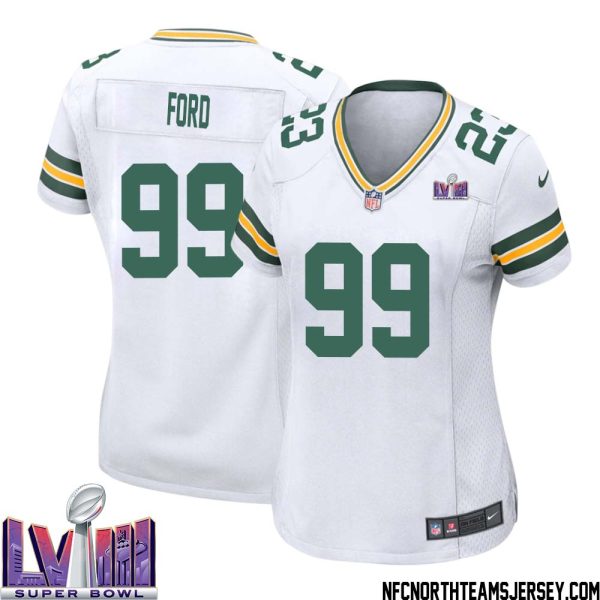Jonathan Ford No 99 Green Bay Packers Super Bowl Lviii Away Game Jersey Womens White – Replica