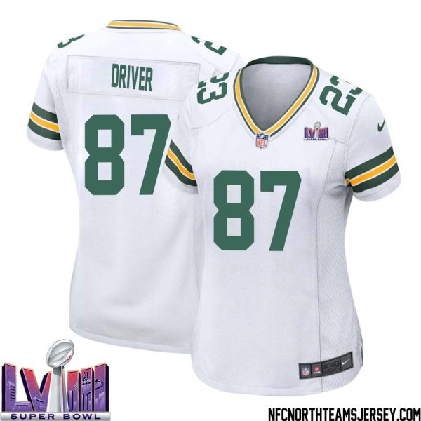Donald Driver No 87 Green Bay Packers Super Bowl Lviii Away Game Jersey Womens White – Replica