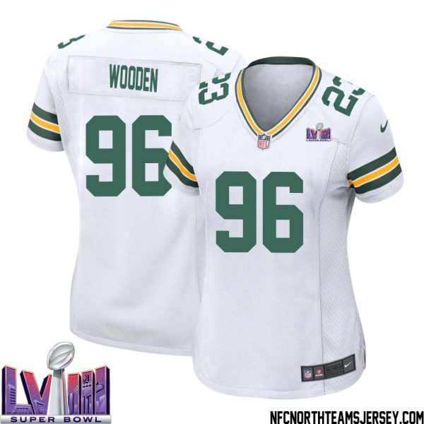 Colby Wooden No 96 Green Bay Packers Super Bowl Lviii Away Game Jersey Womens White – Replica