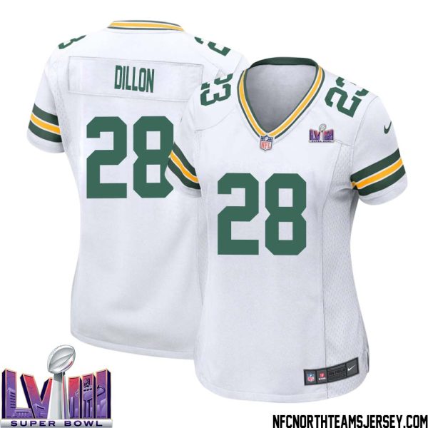 Aj Dillon No 28 Green Bay Packers Super Bowl Lviii Away Game Jersey Womens White – Replica