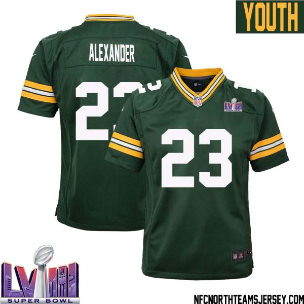 Jaire Alexander No 23 Green Bay Packers Super Bowl Lviii Home Game Jersey Youth – Replica