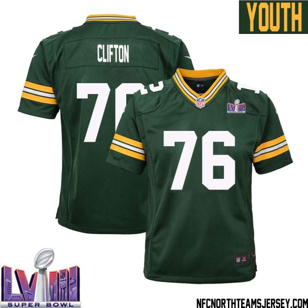 Chad Clifton No 76 Green Bay Packers Super Bowl Lviii Home Game Jersey Youth – Replica