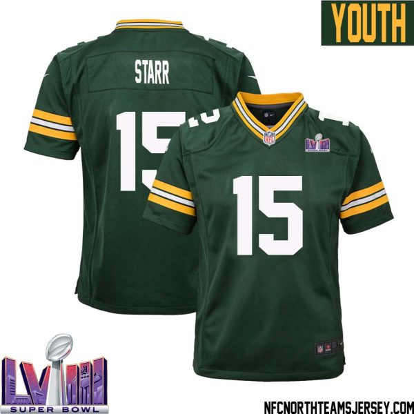 Bart Starr No 15 Green Bay Packers Super Bowl Lviii Home Game Jersey Youth – Replica