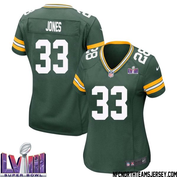 Aaron Jones No 33 Green Bay Packers Super Bowl Lviii Home Game Jersey Womens – Replica