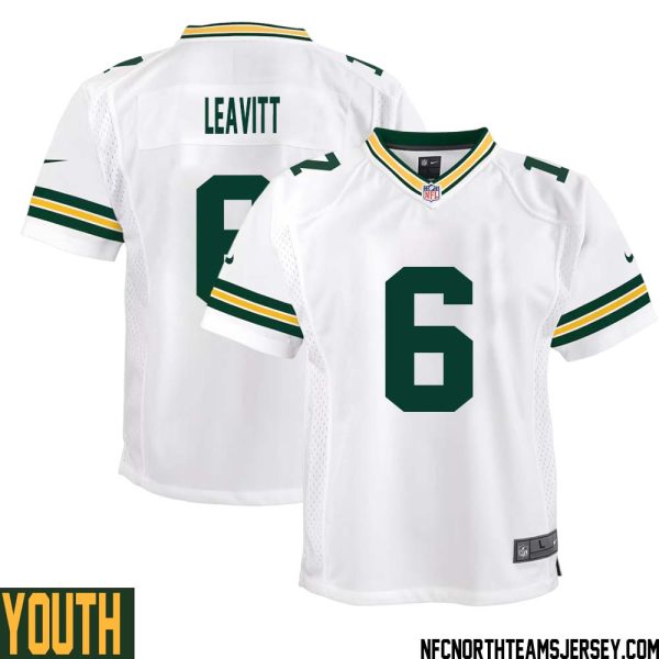 Dallin Leavitt No 6 Green Bay Packers Away Game Jersey Youth White – Replica
