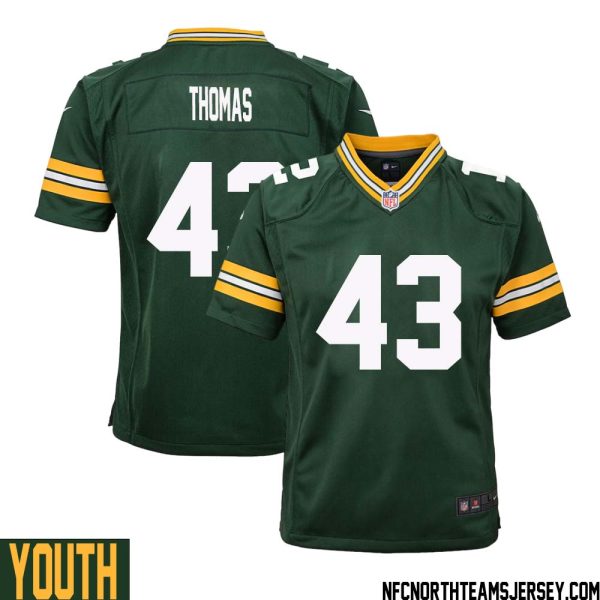 Kiondre Thomas No 43 Green Bay Packers Home Game Jersey Youth – Replica