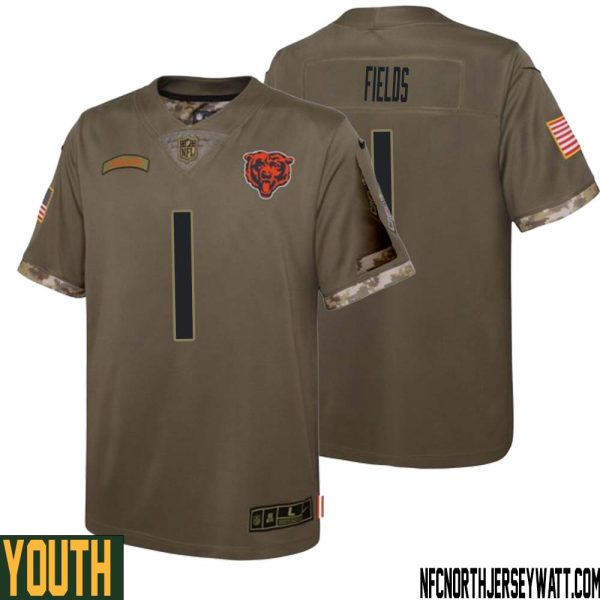 Justin Fields No 1 Youth Olive Chicago Bears 2022 Salute To Service Retired Player Limited Jersey – Replica