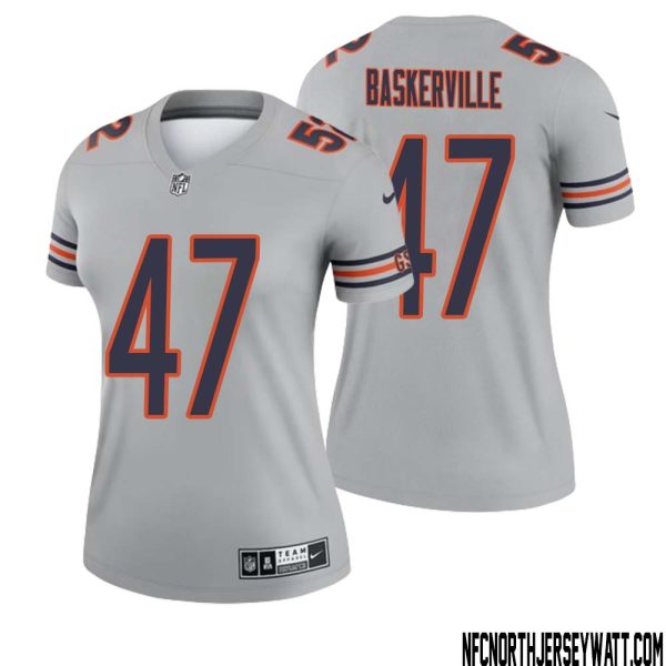 Micah Baskerville No 47 Women Silver Chicago Bears Inverted Legend Jersey – Replica