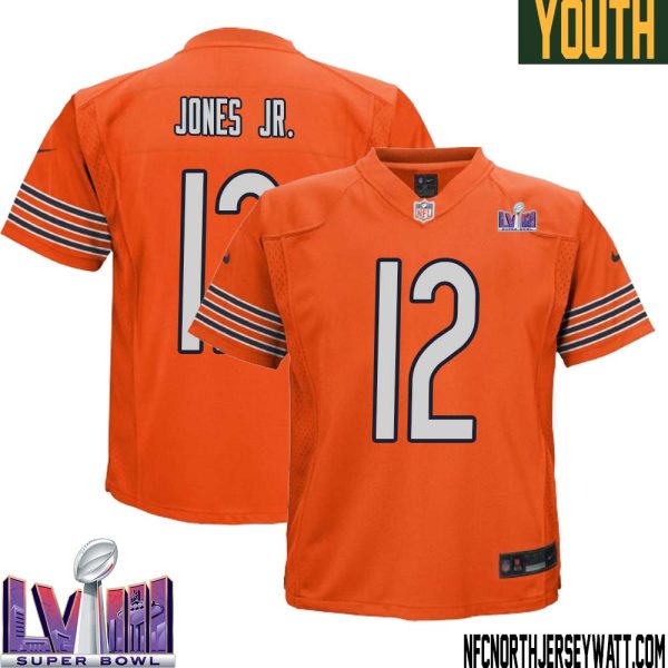 Velus Jones Jr. No 12 Chicago Bears Super Bowl Lviii Alternate Game Jersey Orange For Youth – Replica