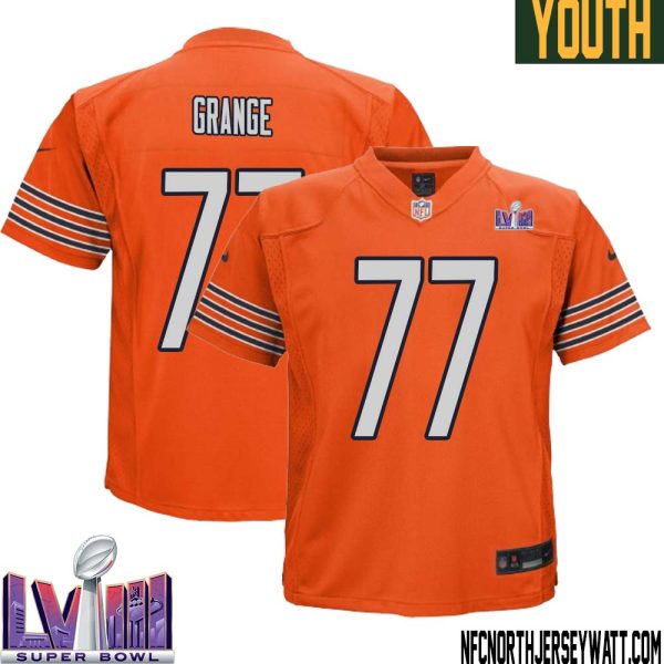 Red Grange No 77 Chicago Bears Super Bowl LVIII Alternate Game Jersey Orange for Youth – Replica