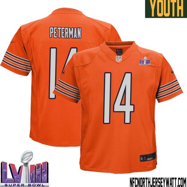 Nathan Peterman No 14 Chicago Bears Super Bowl Lviii Alternate Game Jersey Orange For Youth – Replica