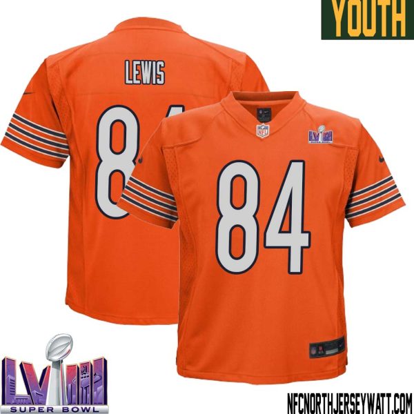 Marcedes Lewis No 84 Chicago Bears Super Bowl LVIII Alternate Game Jersey Orange for Youth – Replica