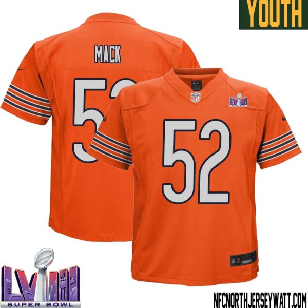 Khalil Mack No 52 Chicago Bears Super Bowl LVIII Alternate Game Jersey Orange for Youth – Replica