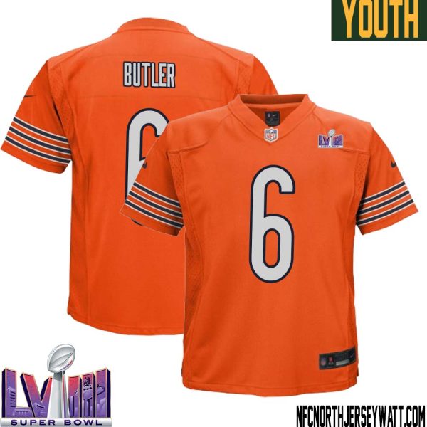 Kevin Butler No 6 Chicago Bears Super Bowl LVIII Alternate Game Jersey Orange for Youth – Replica