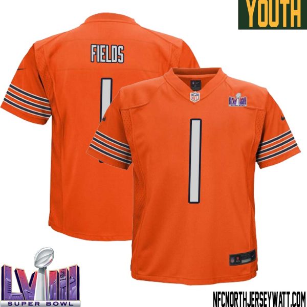 Justin Fields No 1 Chicago Bears Super Bowl Lviii Alternate Game Jersey Orange For Youth – Replica