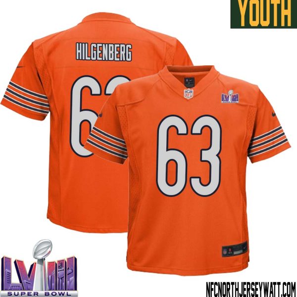 Jay Hilgenberg No 63 Chicago Bears Super Bowl Lviii Alternate Game Jersey Orange For Youth – Replica