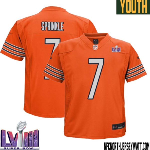 Ed Sprinkle No 7 Chicago Bears Super Bowl Lviii Alternate Game Jersey Orange For Youth – Replica