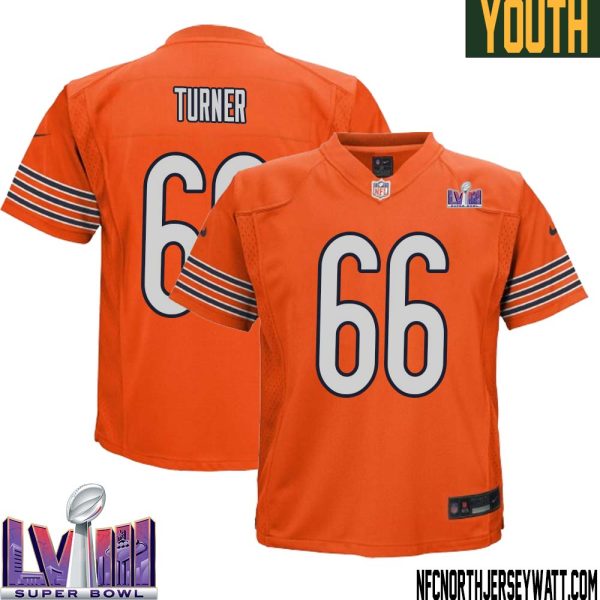Bulldog Turner No 66 Chicago Bears Super Bowl Lviii Alternate Game Jersey Orange For Youth – Replica