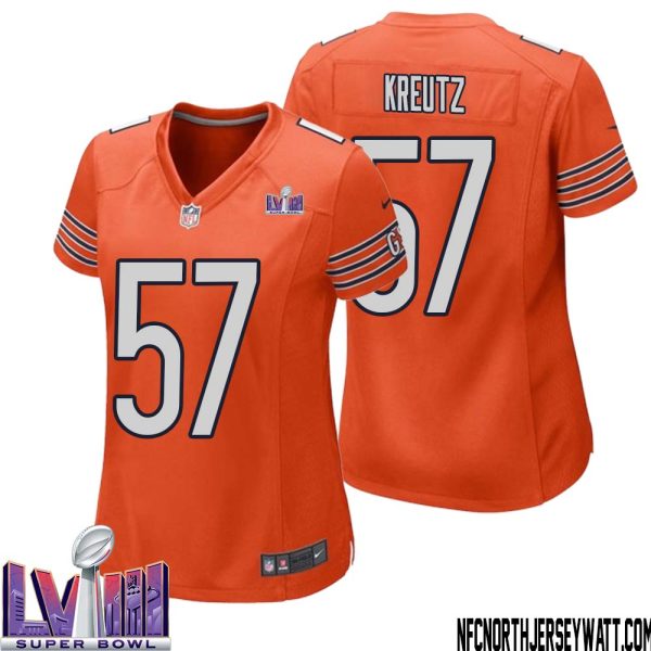 Olin Kreutz No 57 Chicago Bears Super Bowl Lviii Alternate Game Jersey Orange For Women – Replica