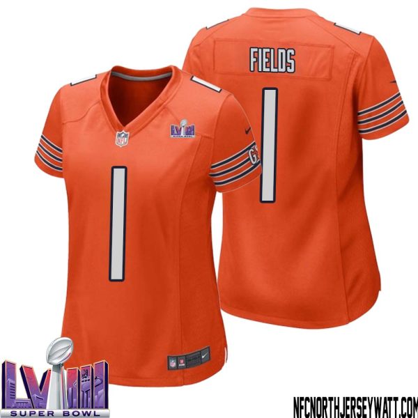 Justin Fields No 1 Chicago Bears Super Bowl LVIII Alternate Game Jersey Orange for Women – Replica