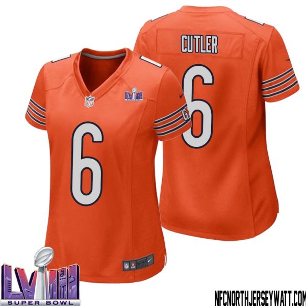 Jay Cutler No 6 Chicago Bears Super Bowl Lviii Alternate Game Jersey Orange For Women – Replica