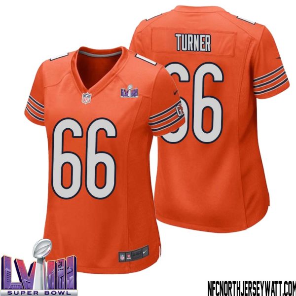 Bulldog Turner No 66 Chicago Bears Super Bowl LVIII Alternate Game Jersey Orange for Women – Replica