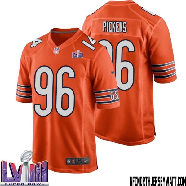 Zacch Pickens No 96 Chicago Bears Super Bowl Lviii Alternate Game Jersey Orange For Men – Replica
