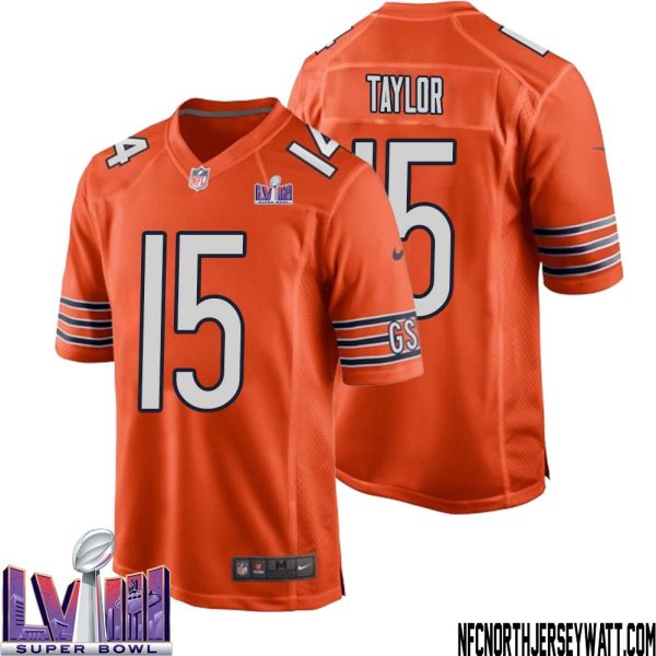 Trent Taylor No 15 Chicago Bears Super Bowl Lviii Alternate Game Jersey Orange For Men – Replica