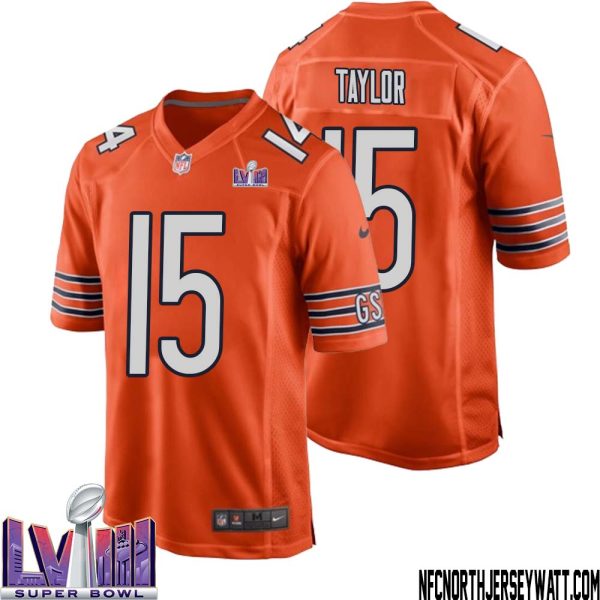 Trent Taylor No 15 Chicago Bears Super Bowl LVIII Alternate Game Jersey Orange for Men – Replica