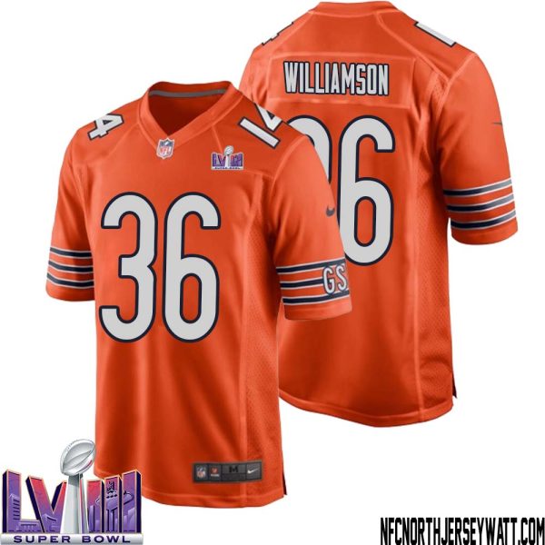 Kendall Williamson No 36 Chicago Bears Super Bowl LVIII Alternate Game Jersey Orange for Men – Replica